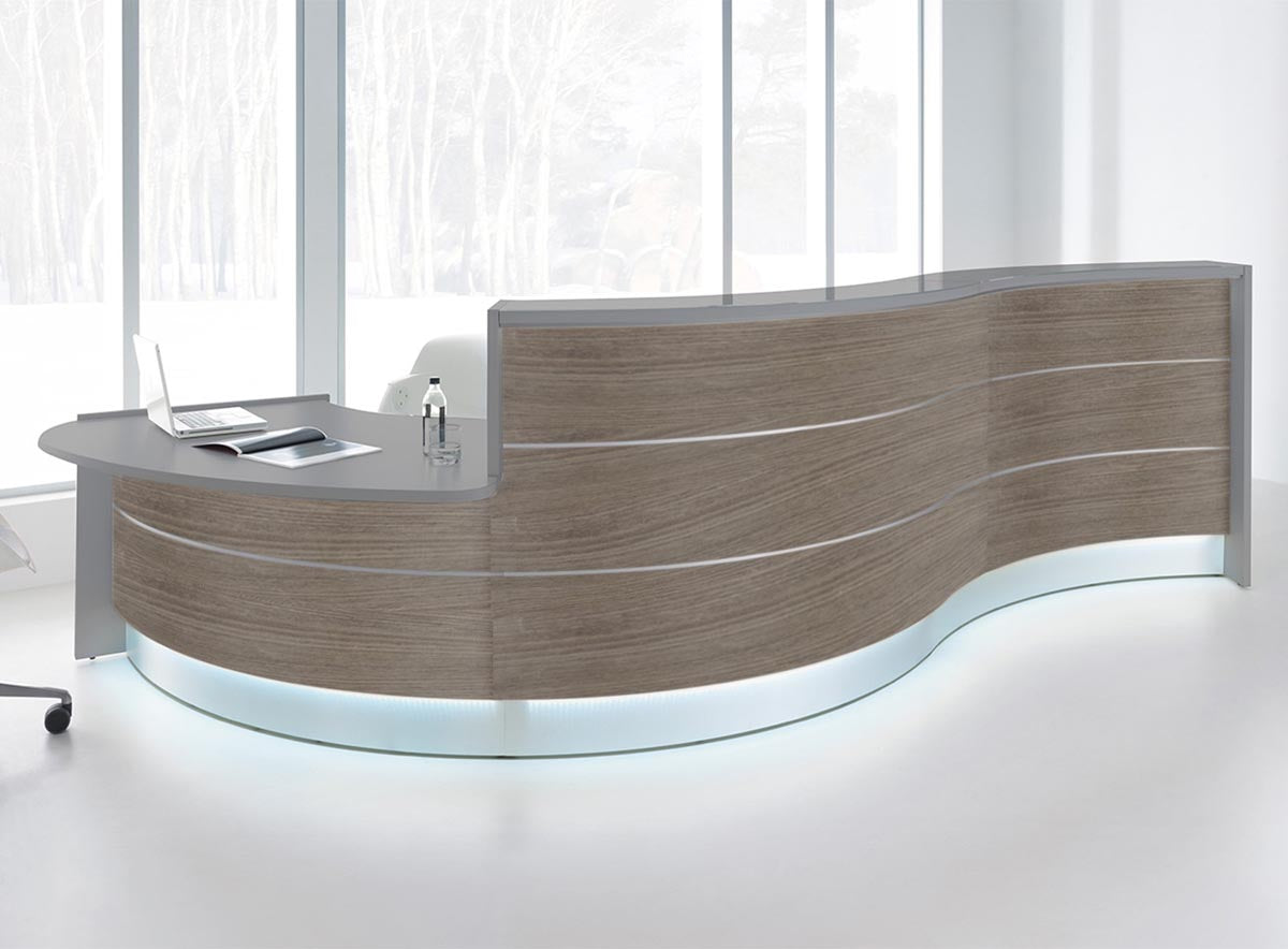 Valde 6 Empfangstheke, gebogen 438x163 cm Eiche Grau / Korpus wählbar
