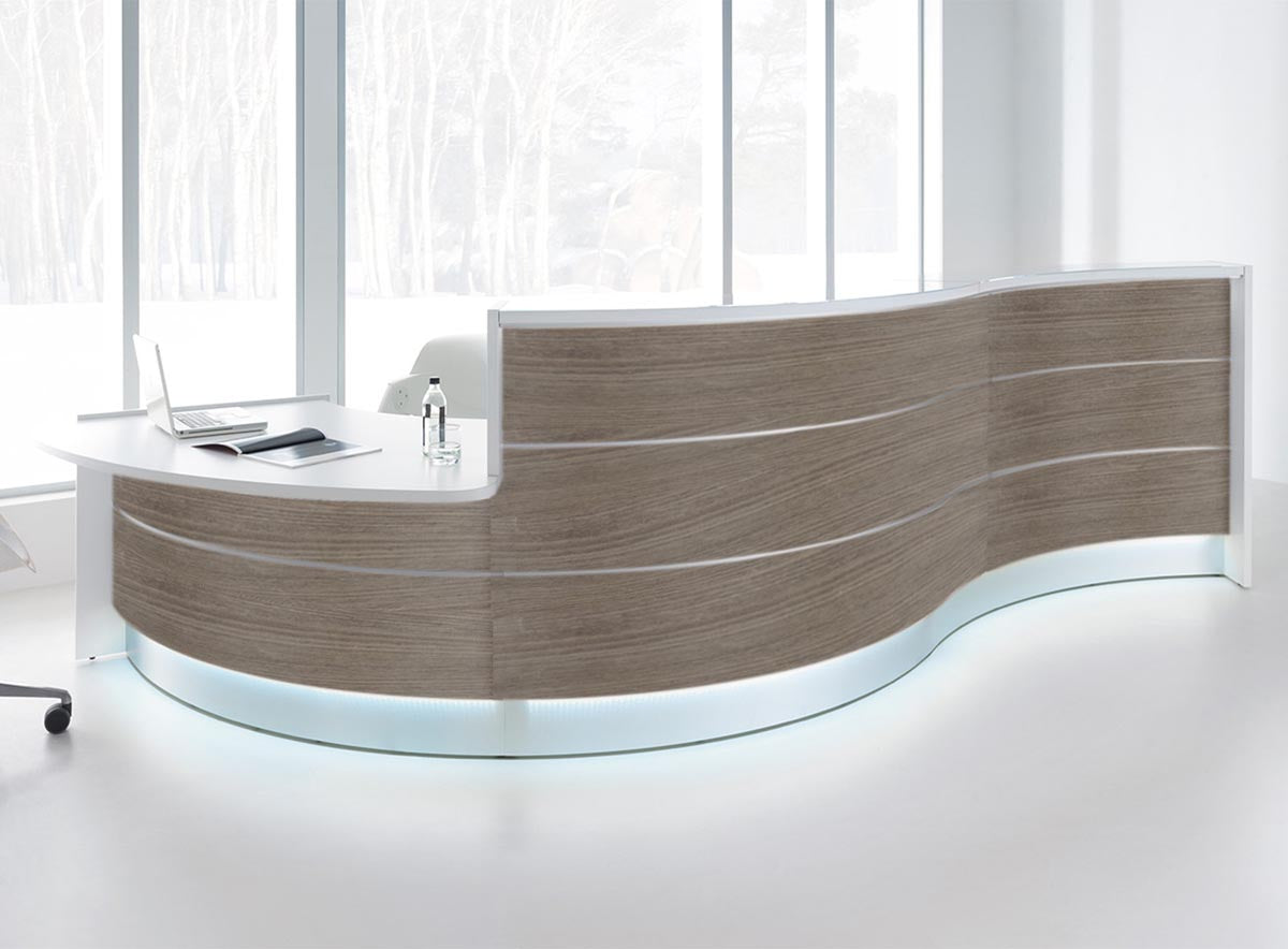 Valde 6 Empfangstheke, gebogen 438x163 cm Eiche Grau / Korpus wählbar