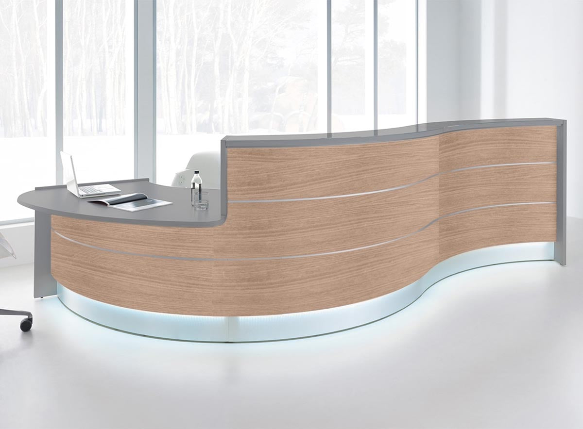 Valde 6 Empfangstheke, gebogen 438x163 cm Eiche Natur / Korpus wählbar