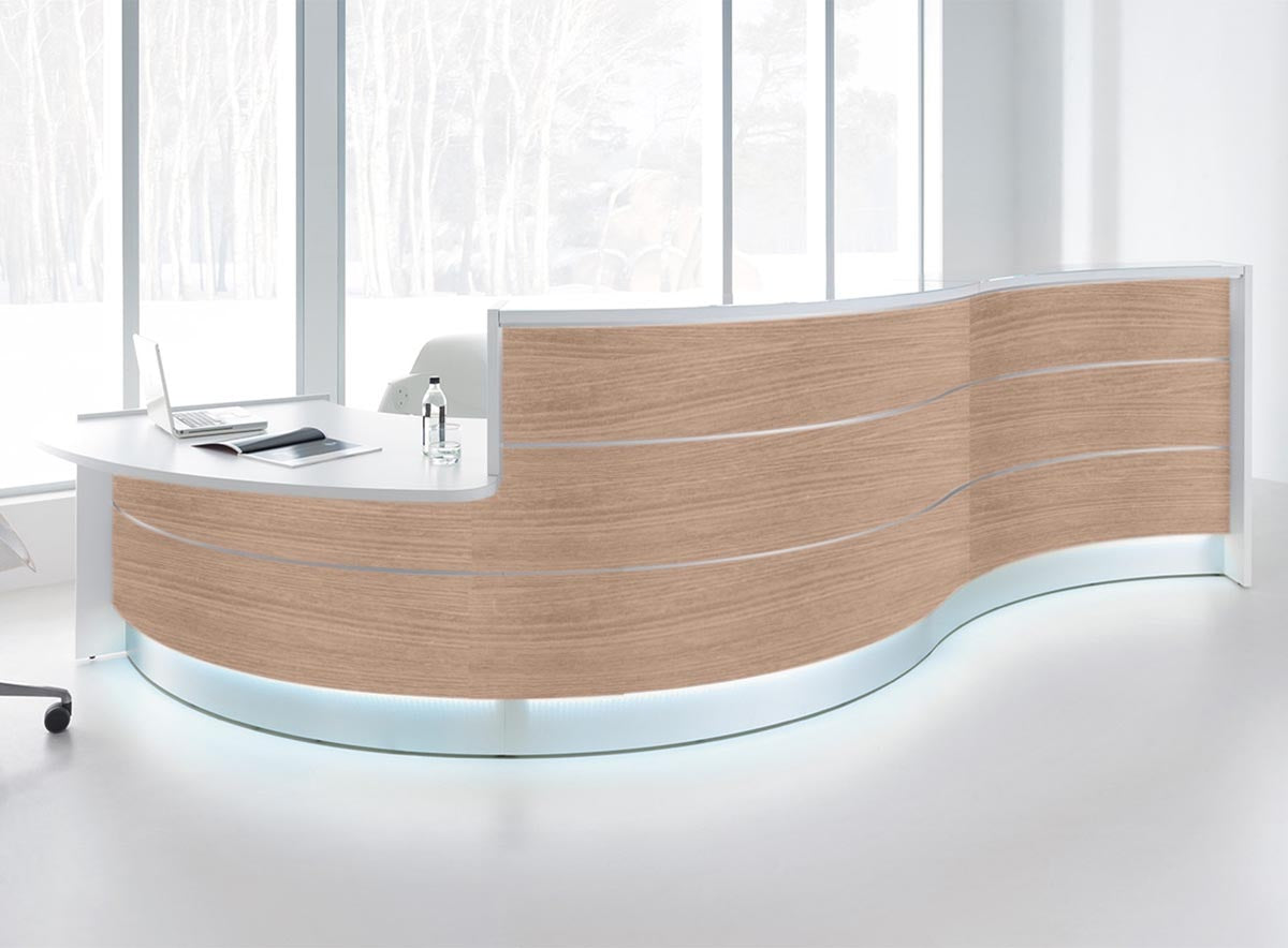 Valde 6 Empfangstheke, gebogen 438x163 cm Eiche Natur / Korpus wählbar