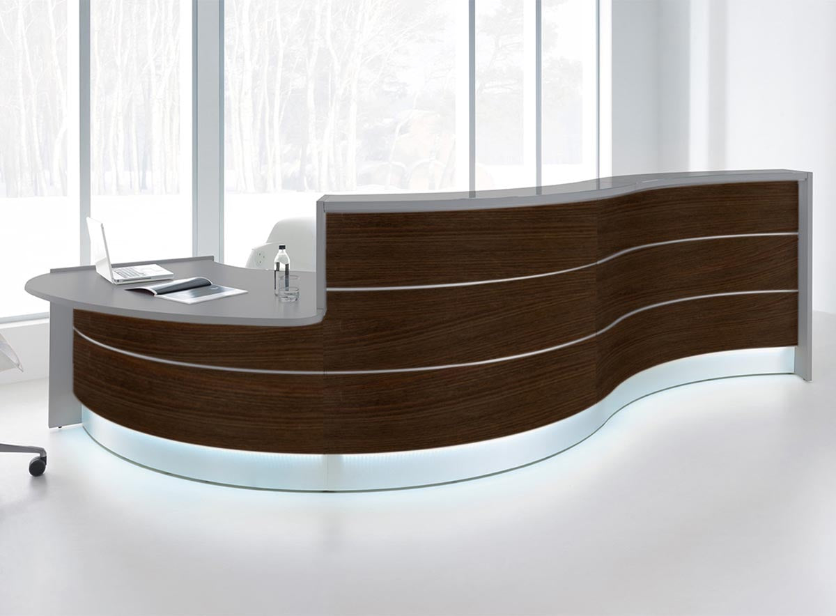 Valde 6 Empfangstheke, gebogen 438x163 cm Walnuss Dunkel / korpus wählbar
