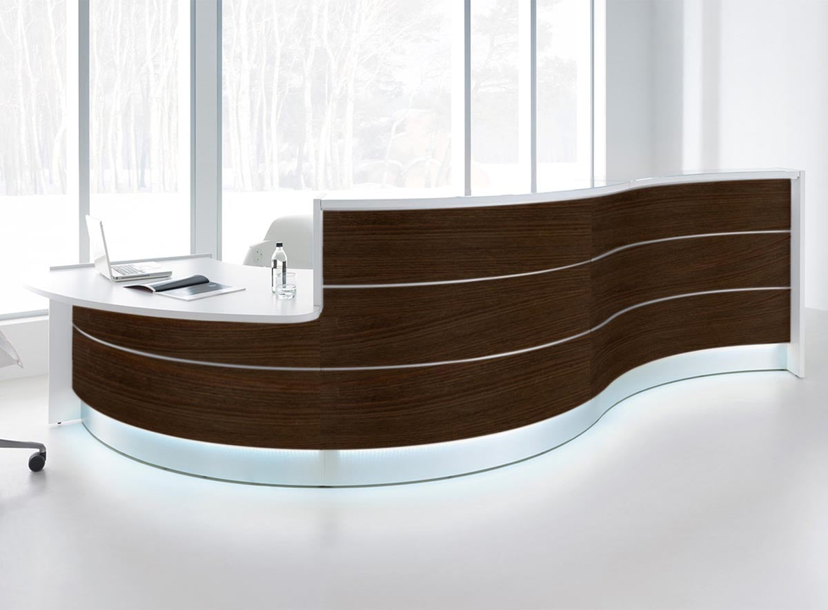 Valde 6 Empfangstheke, gebogen 438x163 cm Walnuss Dunkel / korpus wählbar