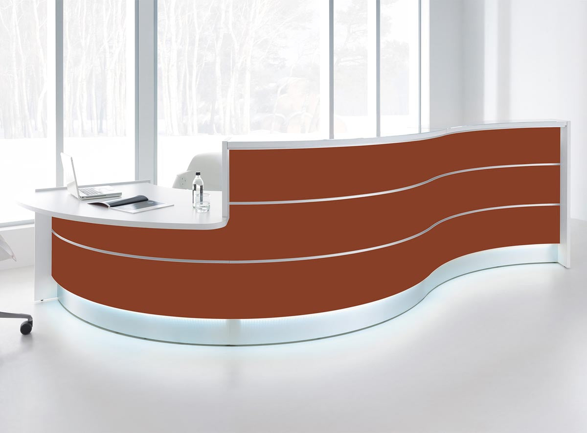 Valde 6 Empfangstheke, gebogen 438x163 cm Rot / Korpus wählbar