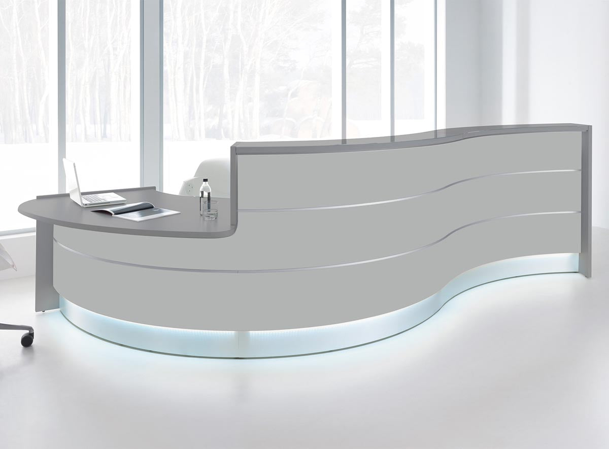 Valde 6 Empfangstheke, gebogen 438x163 cm Grau / Korpus wählbar