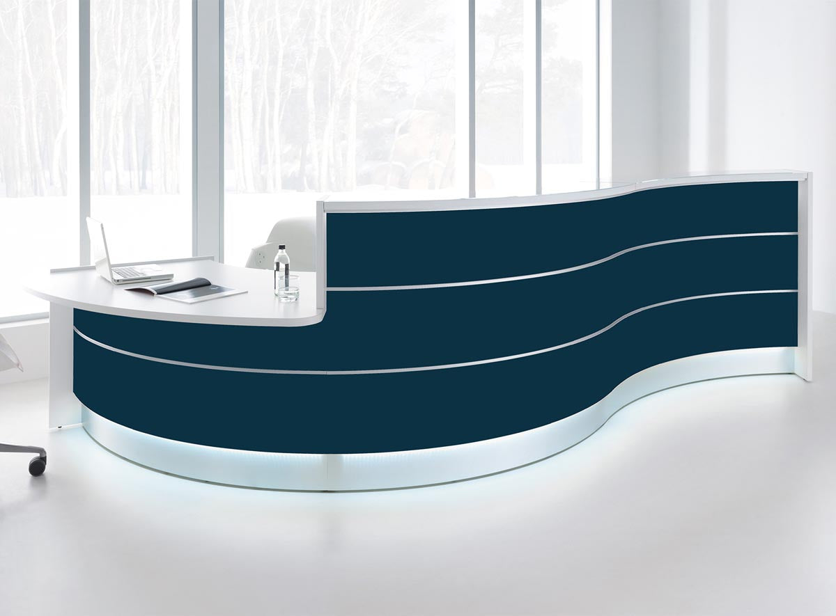 Valde 6 Empfangstheke, gebogen 438x163 cm Dunkelblau / Korpus wählbar