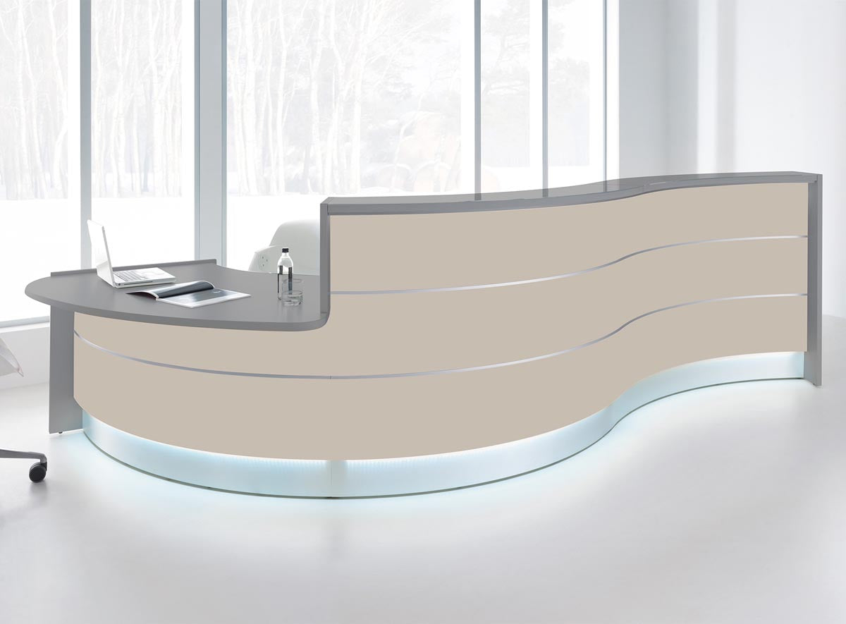 Valde 6 Empfangstheke, gebogen 438x163 cm Beige / Korpus wählbar