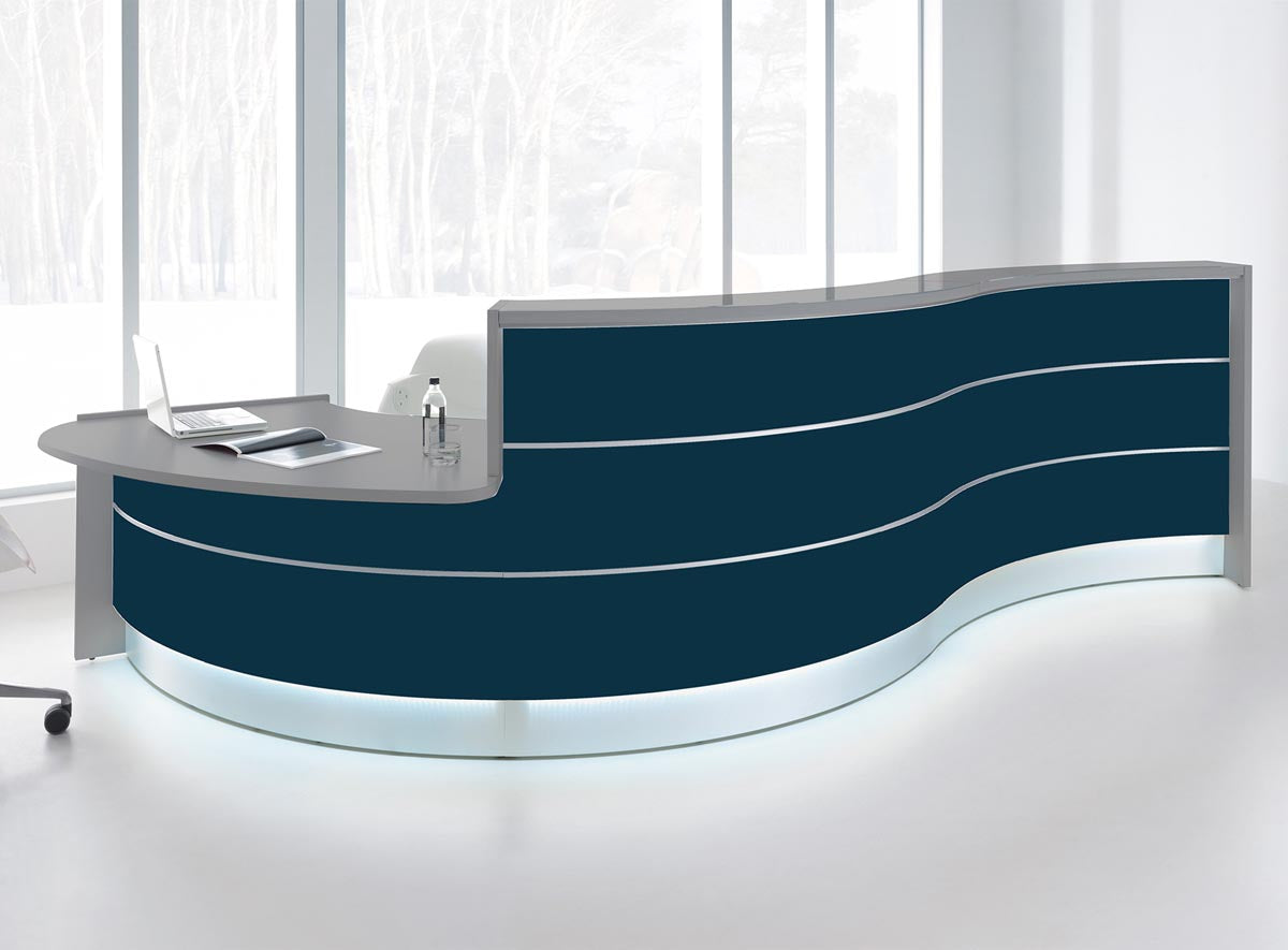 Valde 6 Empfangstheke, gebogen 438x163 cm Dunkelblau / Korpus wählbar