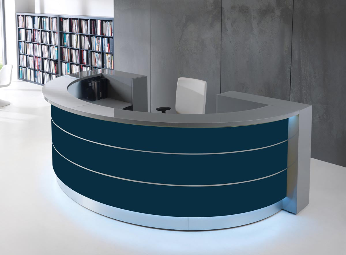 Valde 7 Empfangstheke rund 302x192 cm, Dunkelblau Matt / Korpus wählbar