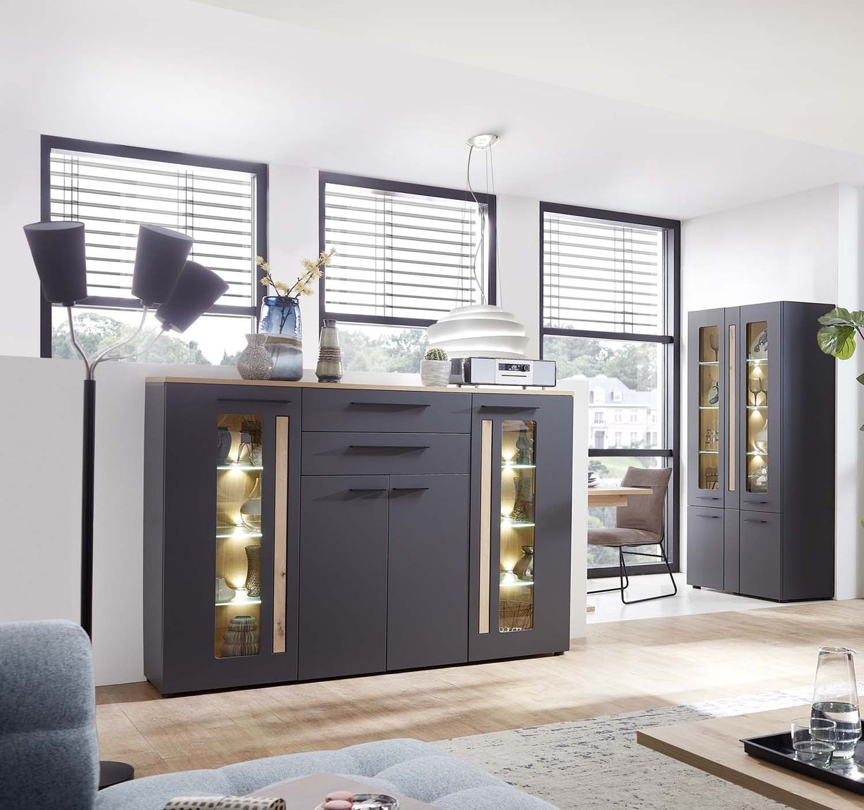 Loft-Two Wohnzimmerkomplettset 2 inkl. LED-Beleuchtung Graphit/Abs. Artisan Eiche