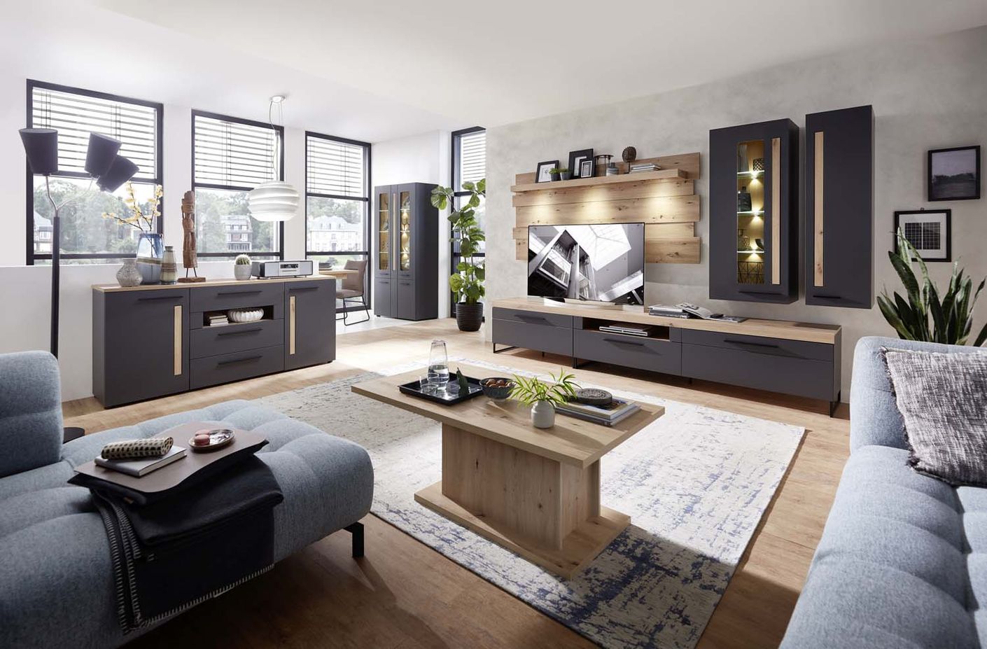 Loft-Two Highboard inkl. LED-Beleuchtung Graphit/Abs. Artisan Eiche