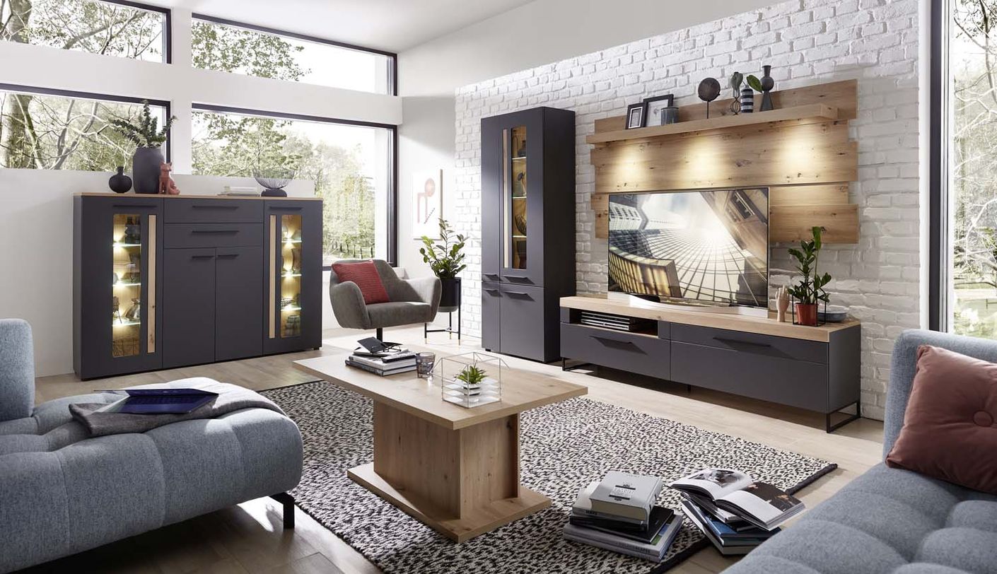 Loft-Two Highboard inkl. LED-Beleuchtung Graphit/Abs. Artisan Eiche