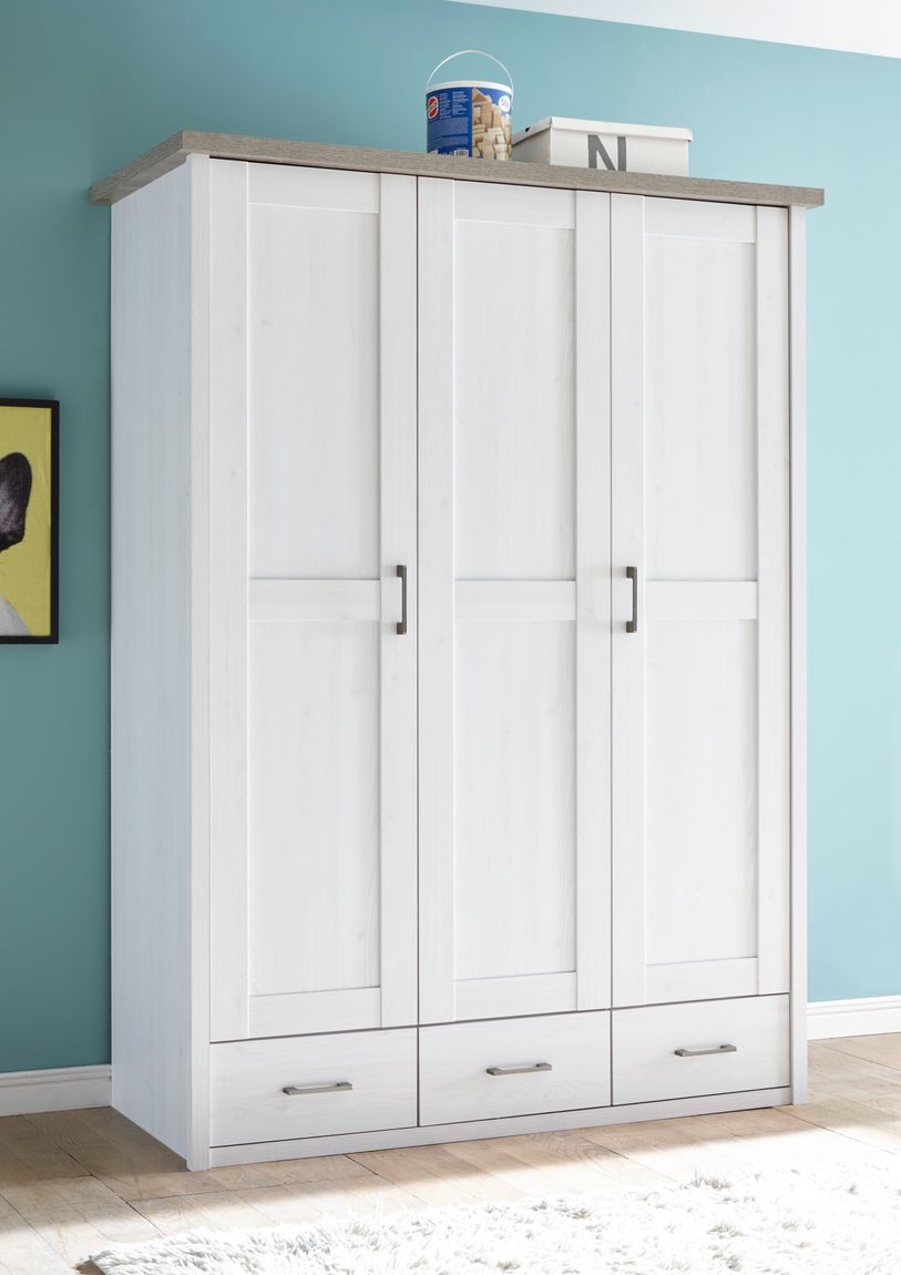 Luca Kleiderschrank 3-trg. 148 cm Pinie Weiß / Trüffel