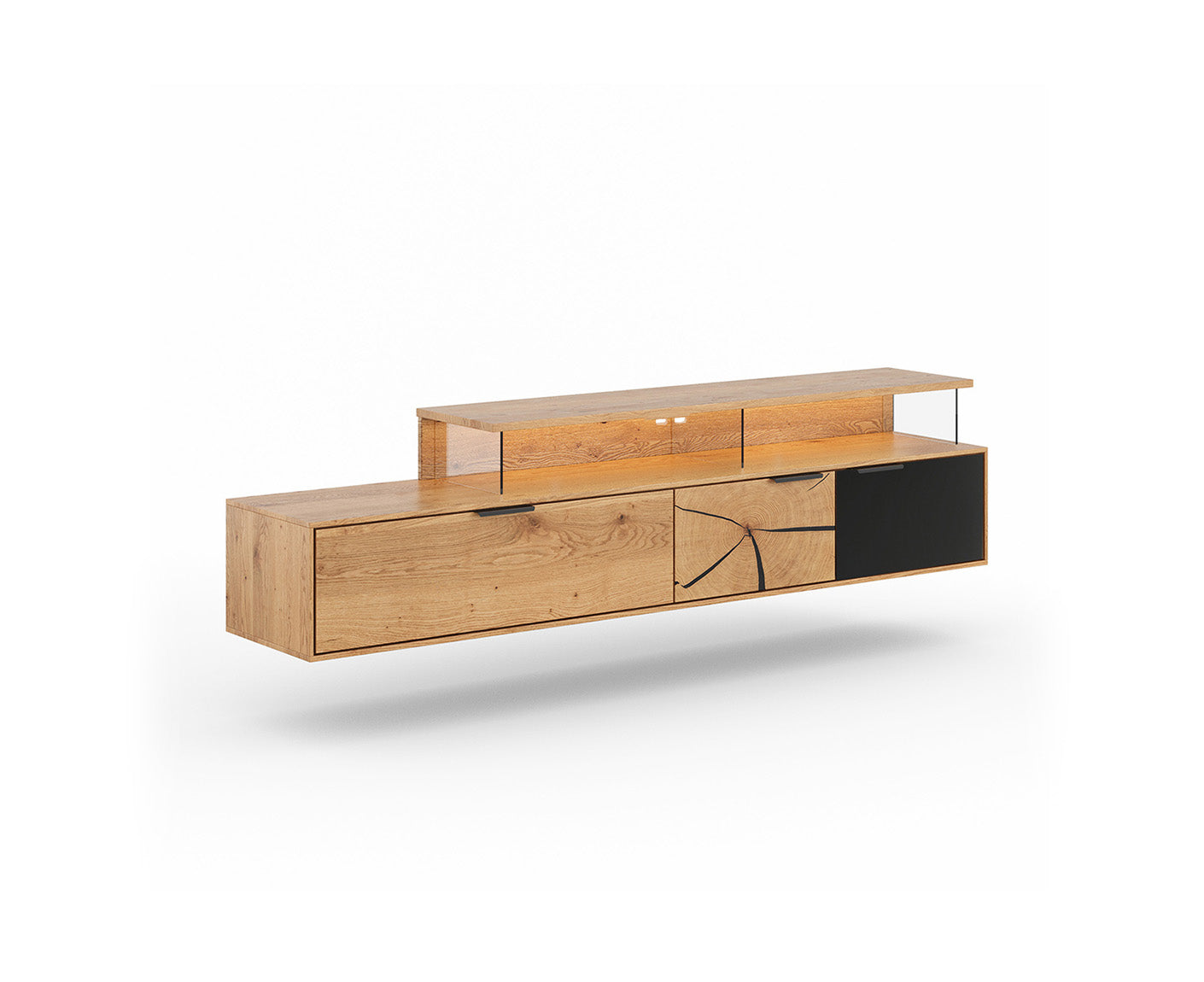 Tirano Wand TV-Lowboard Hirnholz & schwarzes Glas, Massivholz Eiche geölt, fertig montiert