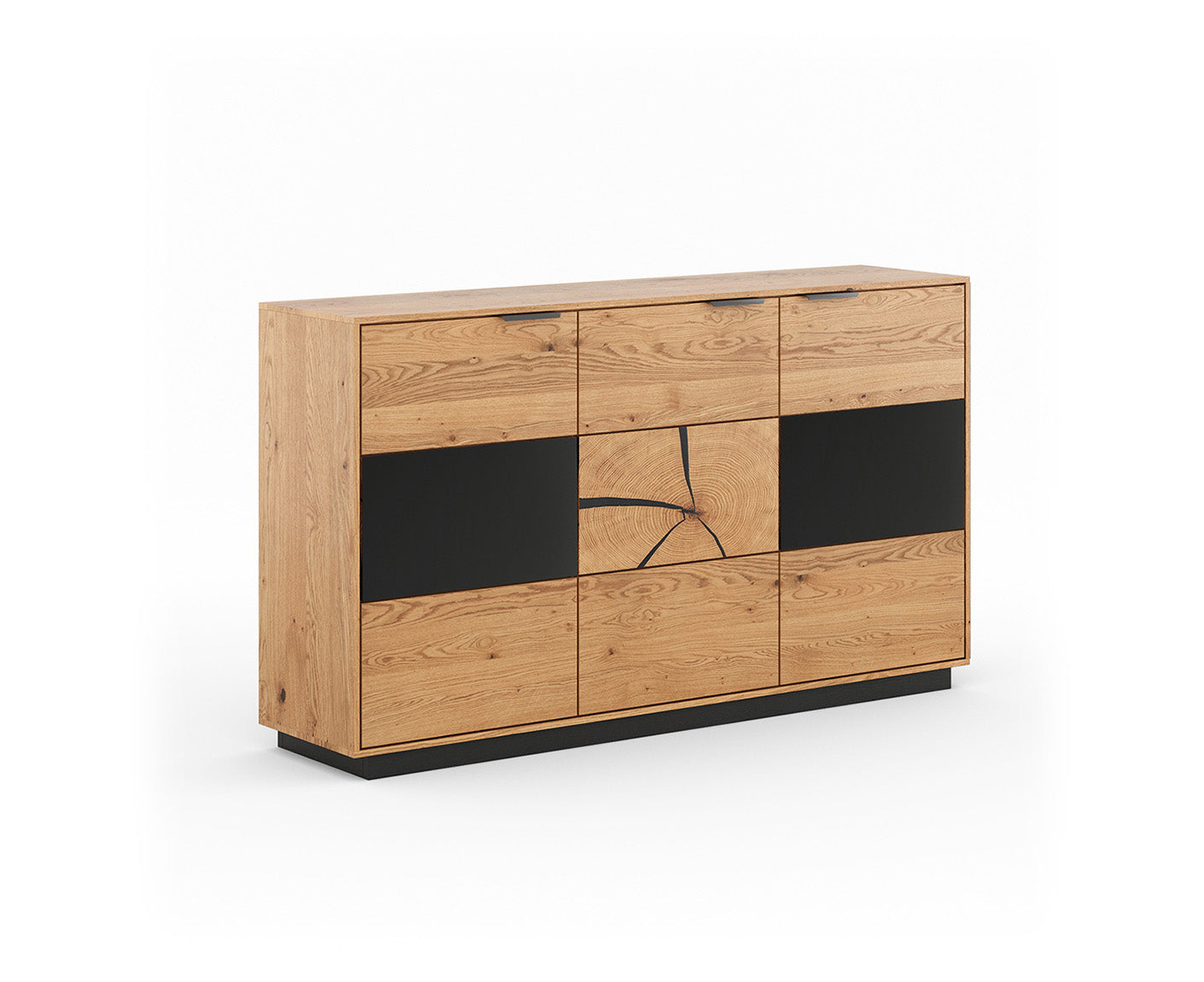 Tirano Sideboard Hirnholz & schwarzes Glas, Massivholz Eiche geölt, fertig montiert