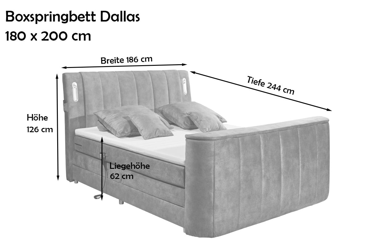 Dallas Boxspringbett 180x200 cm , inkl. Motor & motorisierter TV-Halterung Grau