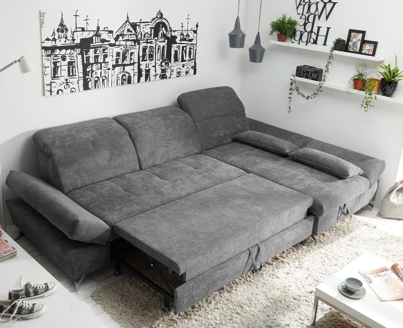 MELFI Ecksofa Longchair 275 x 168 cm, mit Schlaffunktion & Bettkasten