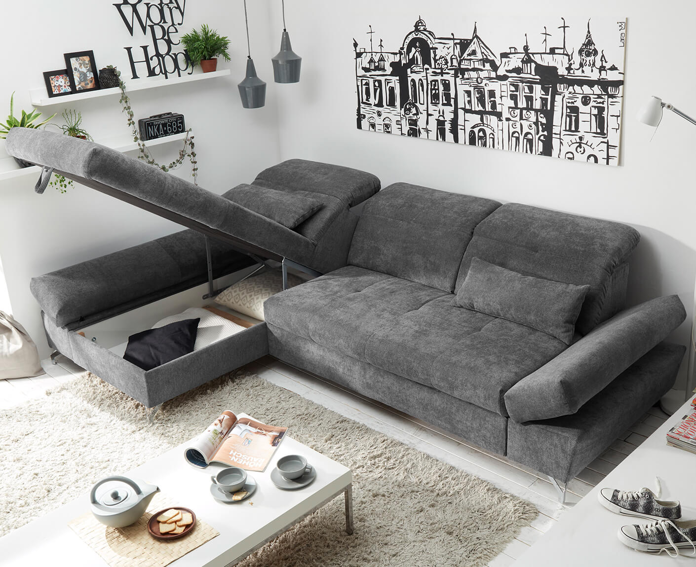 MELFI Ecksofa Longchair 275 x 168 cm, mit Schlaffunktion & Bettkasten