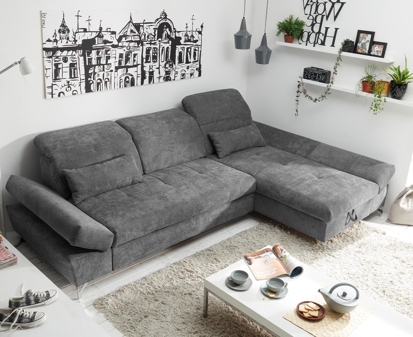 MELFI Ecksofa Longchair 275 x 168 cm, mit Schlaffunktion & Bettkasten