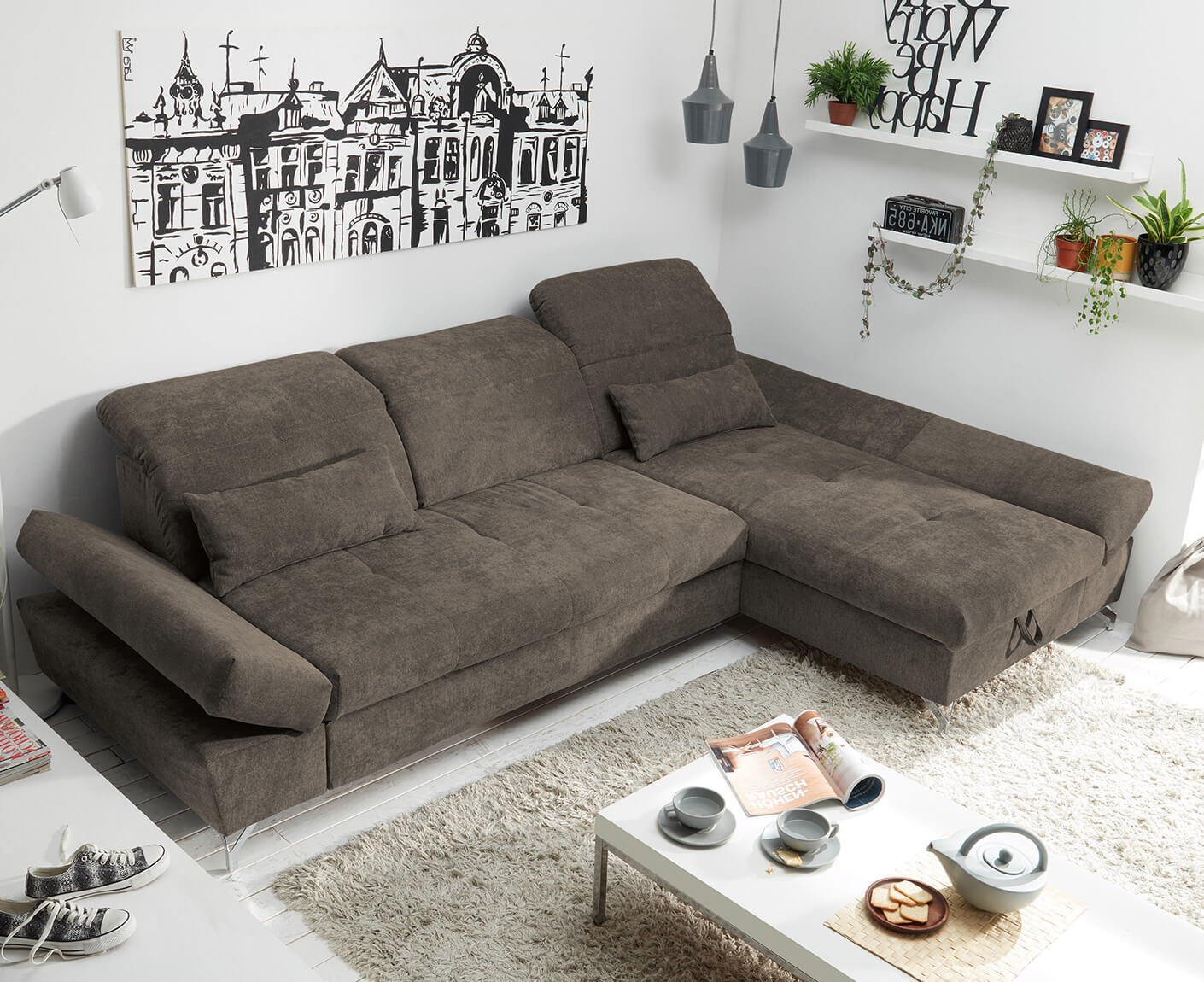 MELFI Ecksofa Longchair 275 x 168 cm, mit Schlaffunktion & Bettkasten