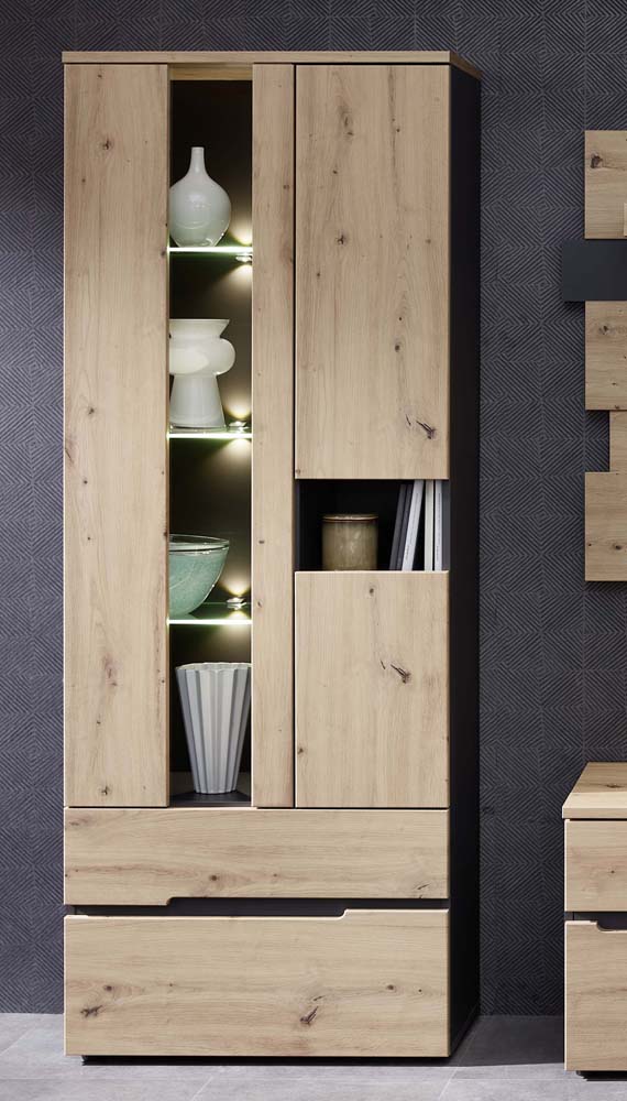 Memphis Standvitrine Graphit / Artisan Eiche