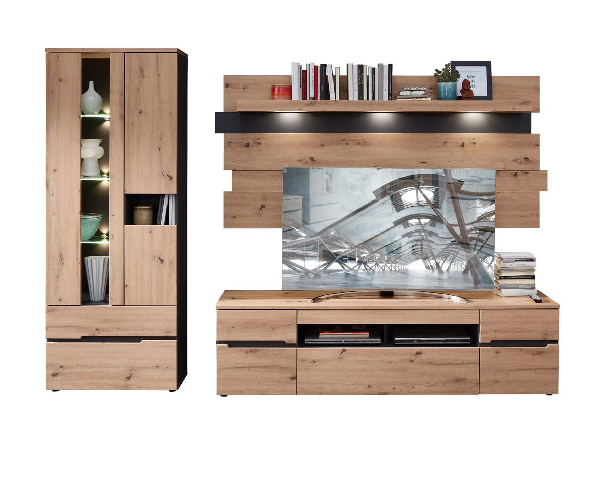 Memphis 3-teiliges Wohnzimmer Komplettset inkl. LED-Beleuchtung Graphit / Artisan Eiche