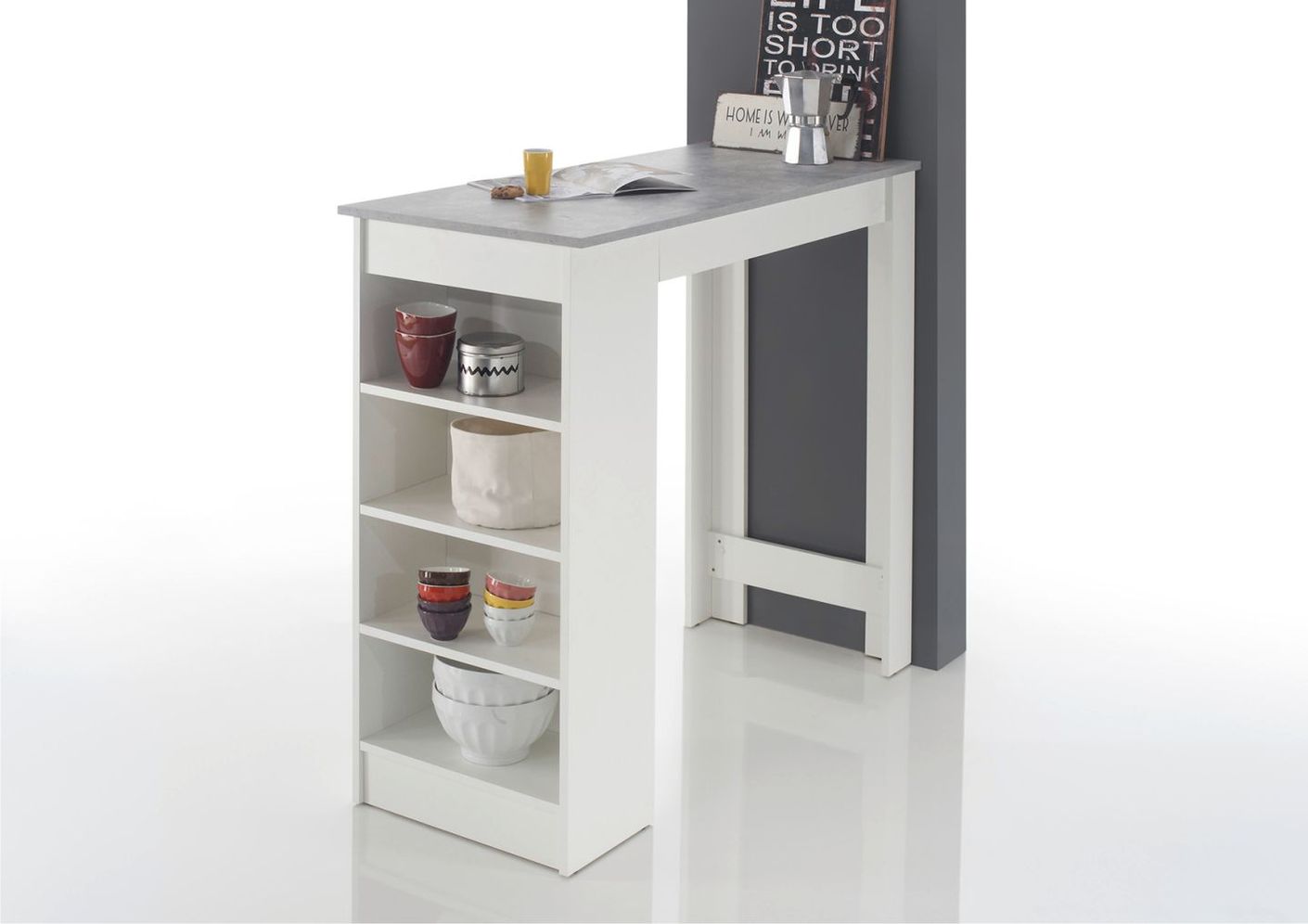 21748 Bartisch mit Regal Weiß / Beton Beton / Weiß