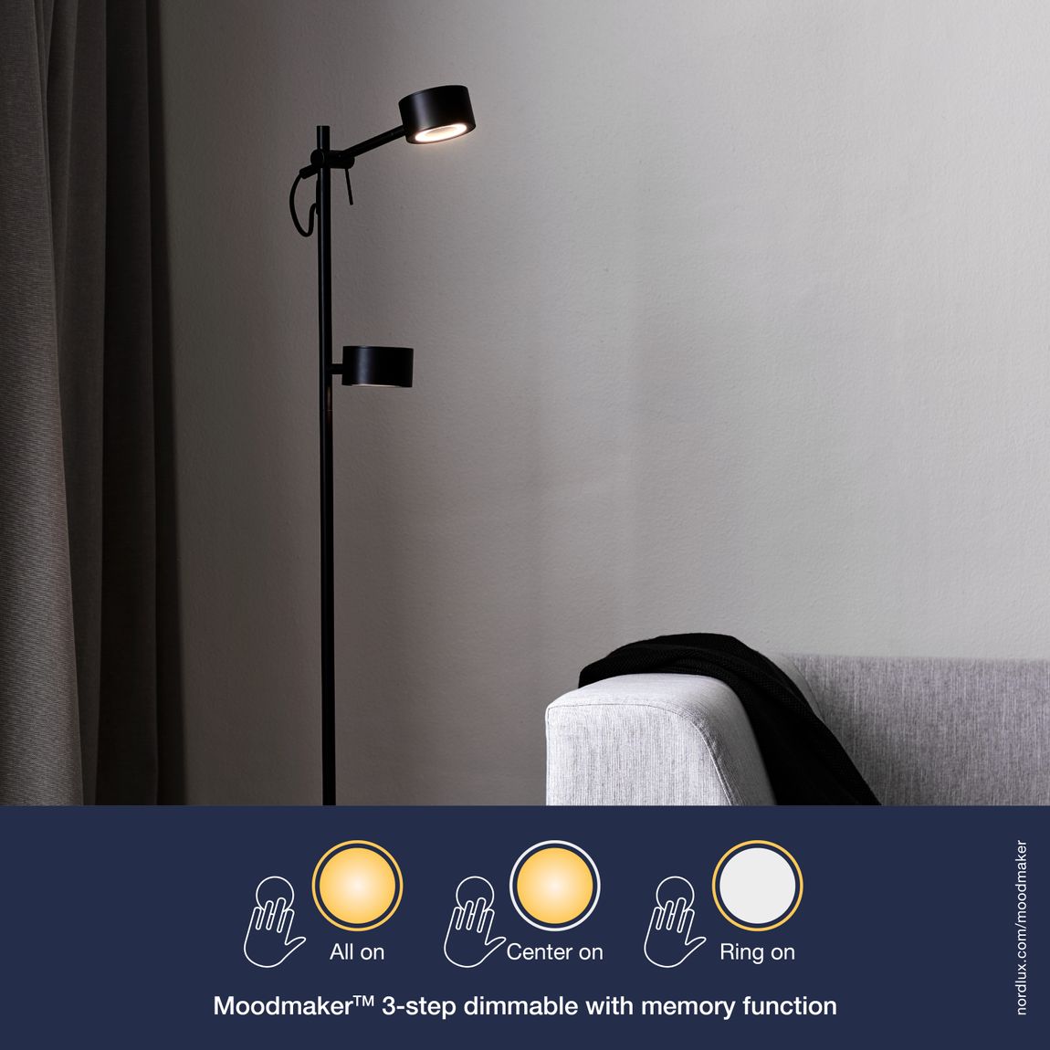 Clyde Stehlampe Leselampe Ø 8,5 cm mit Moodmaker Dimmer Schwarz