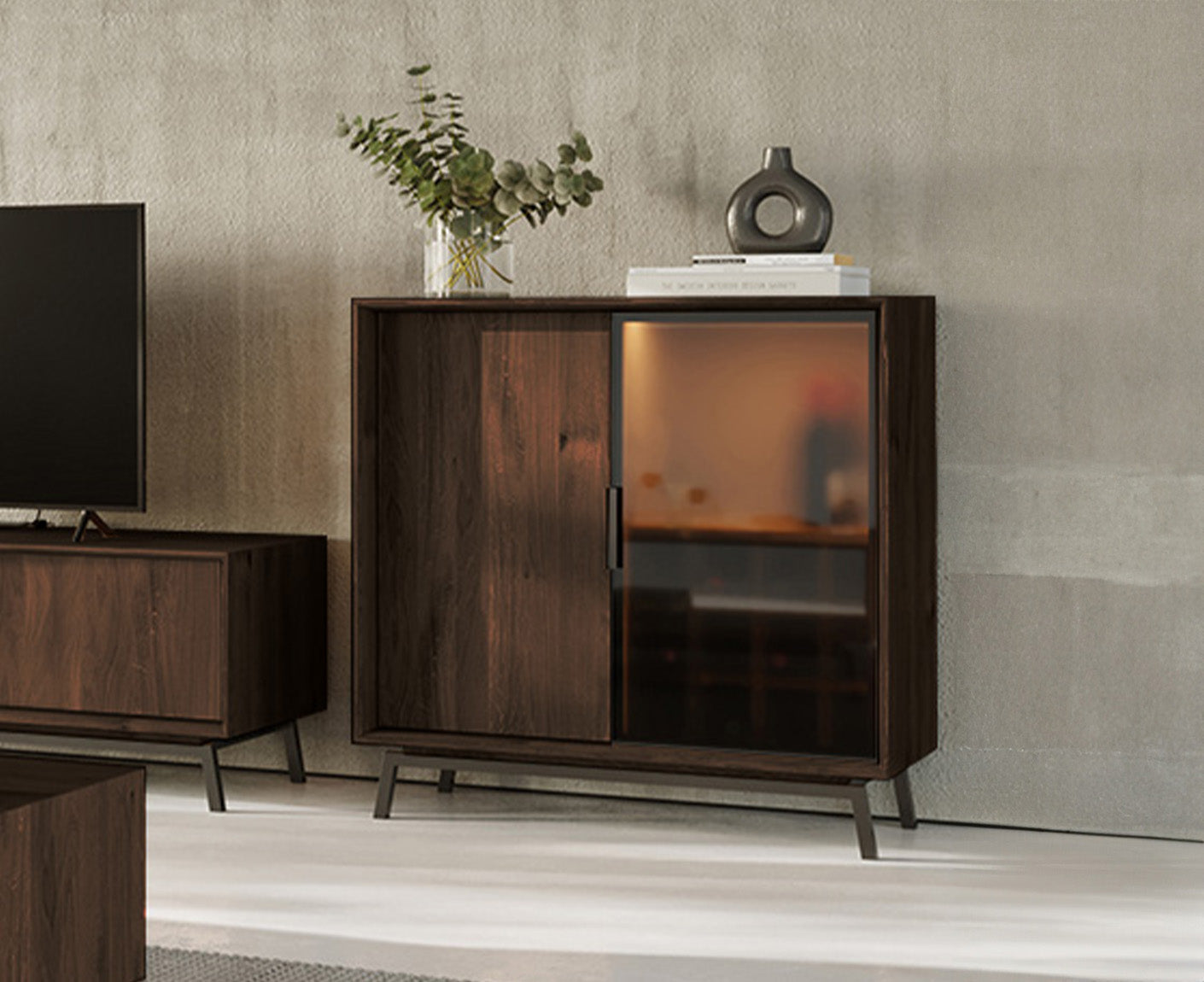 Modern Loft Weinregal Massivholz Eiche geölt/Glas Grafit Matt