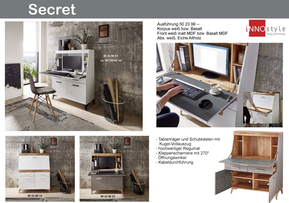 Secret Sekretär Schreibtisch Kommode Basalt / Eiche-Altholz