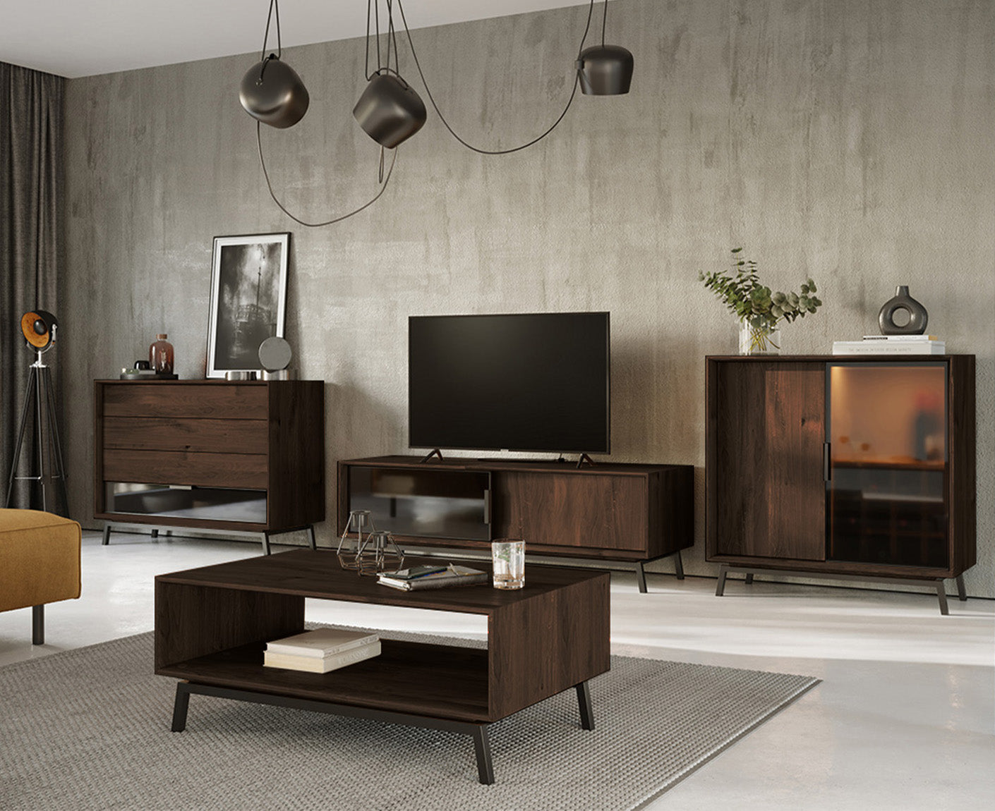 Modern Loft Kommode Massivholz Eiche geölt/Glas Grafit Matt