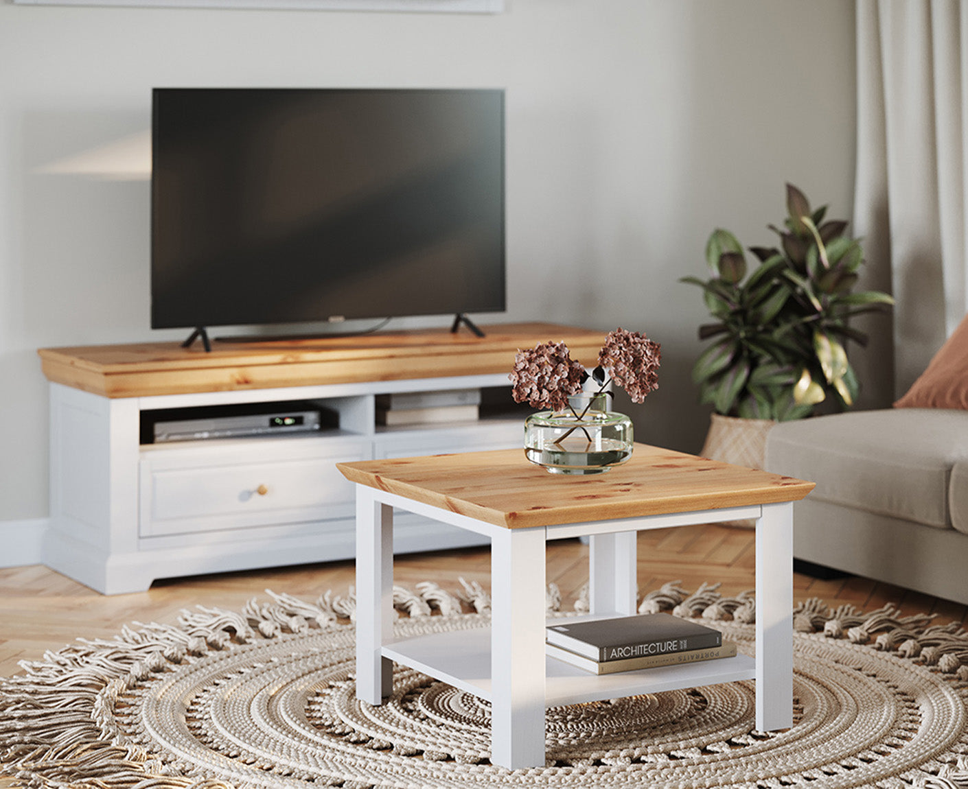 Marone Elite Couchtisch 70x70 cm Massivholz Weiß / Grau