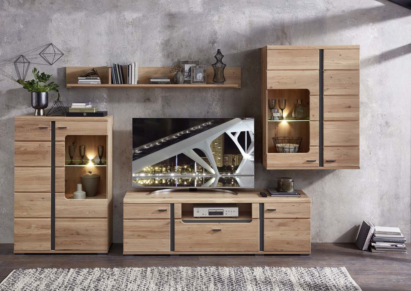 SONOS Wohnzimmerkomplettset inkl. LED-Beleuchtung Artisan Eiche Massiv / Abs. Schwarz Matt