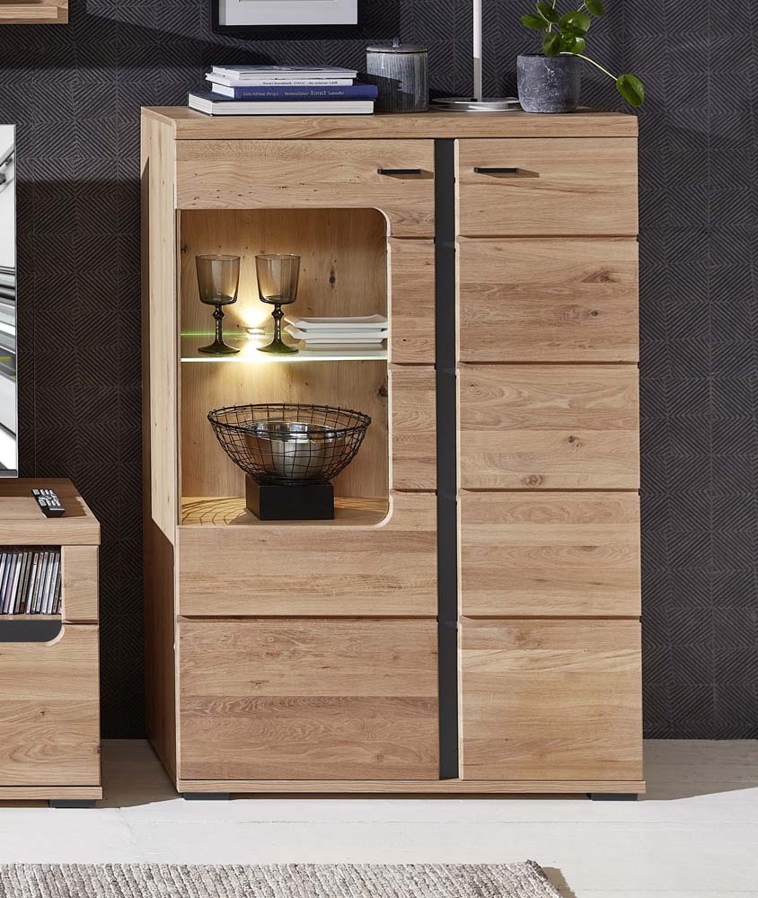 Sonos II Standvitrine inkl. LED-Beleuchtung Altesche Bianco Massiv / Mattschwarz