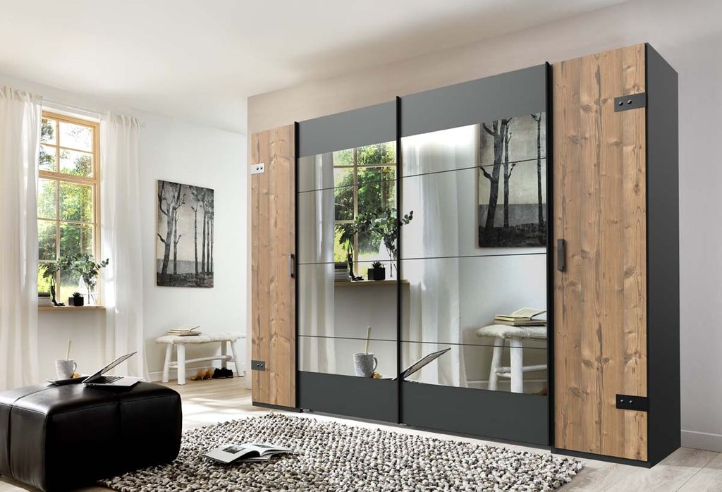 Stockholm Dreh- und Schwebetürenschrank mit Spiegel Tanne / Grau