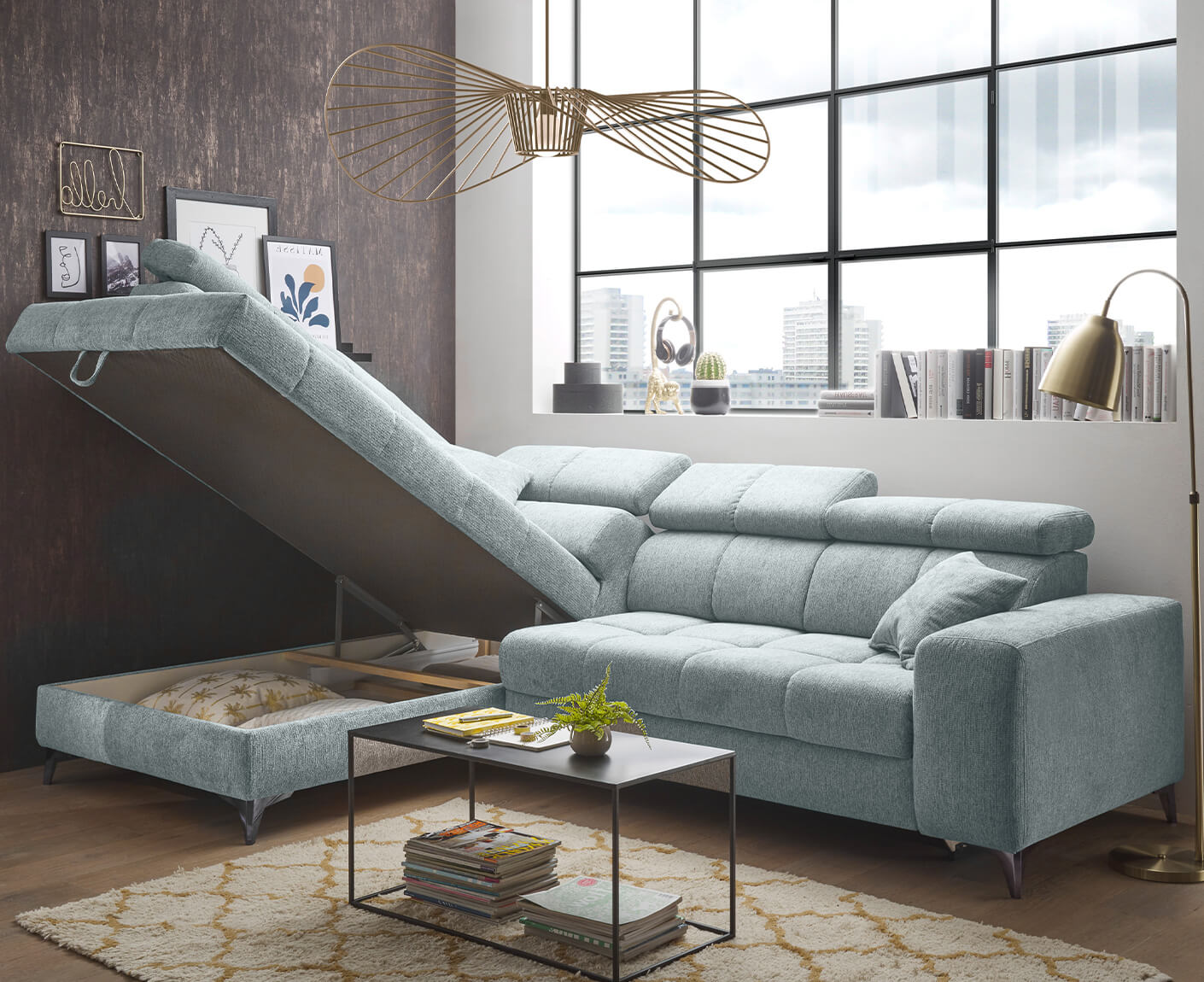 Sydney Ecksofa 282 x 198 cm, mit elektrischer Sitztiefenverstellung & Bettkasten