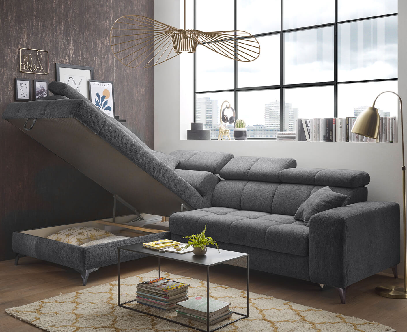 Sydney Ecksofa 282 x 198 cm, mit elektrischer Sitztiefenverstellung & Bettkasten