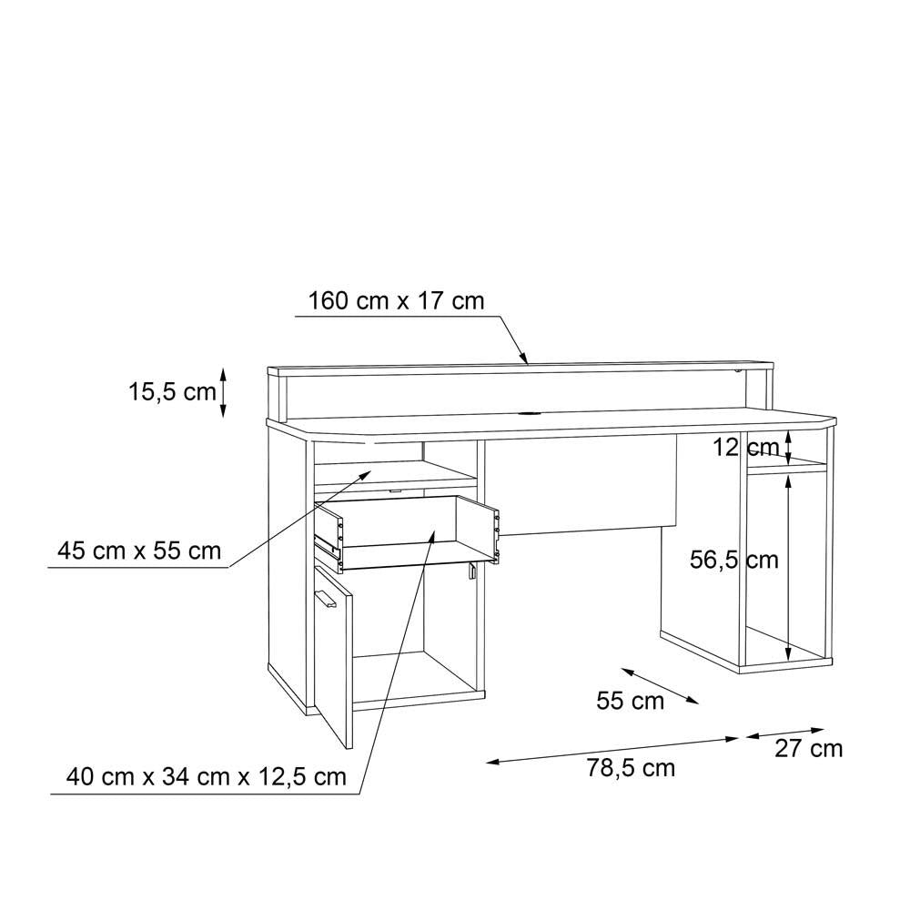 TURKU Gaming Schreibtisch 160 x 72 cm mit Schubladen Schwarz
