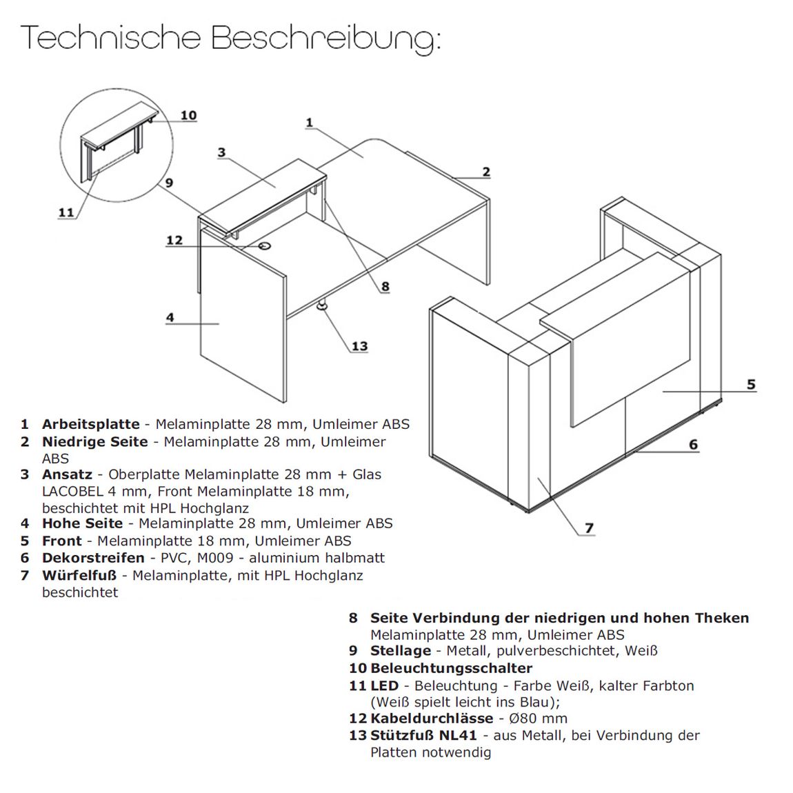 Tera Empfangstheke 1, Größe wählbar, Kanadische Eiche