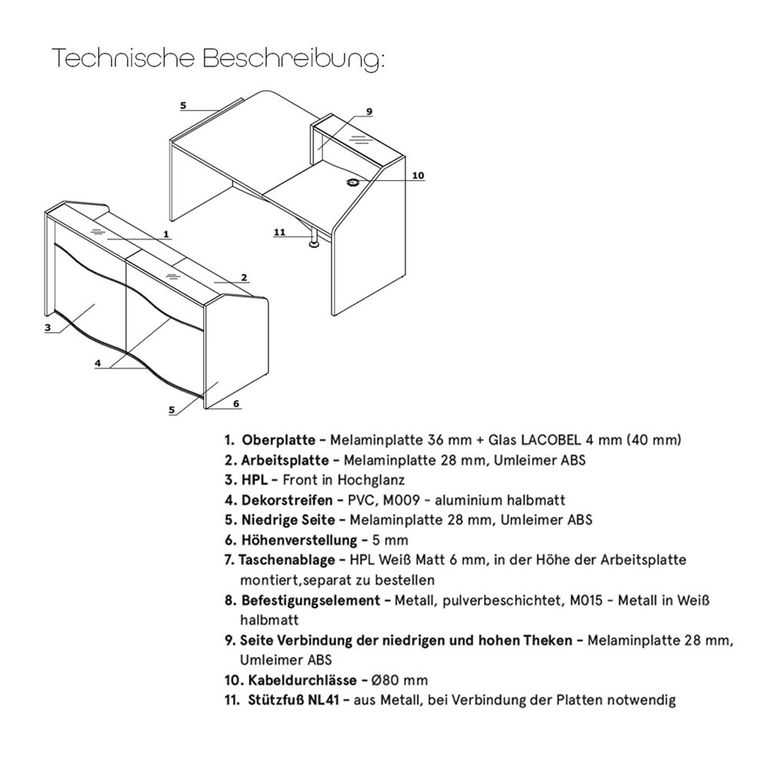 Wave 3 Empfangstheke mit Arbeitsplatte 97cm, Größe wählbar, Weiß / Dunkelgrün Matt