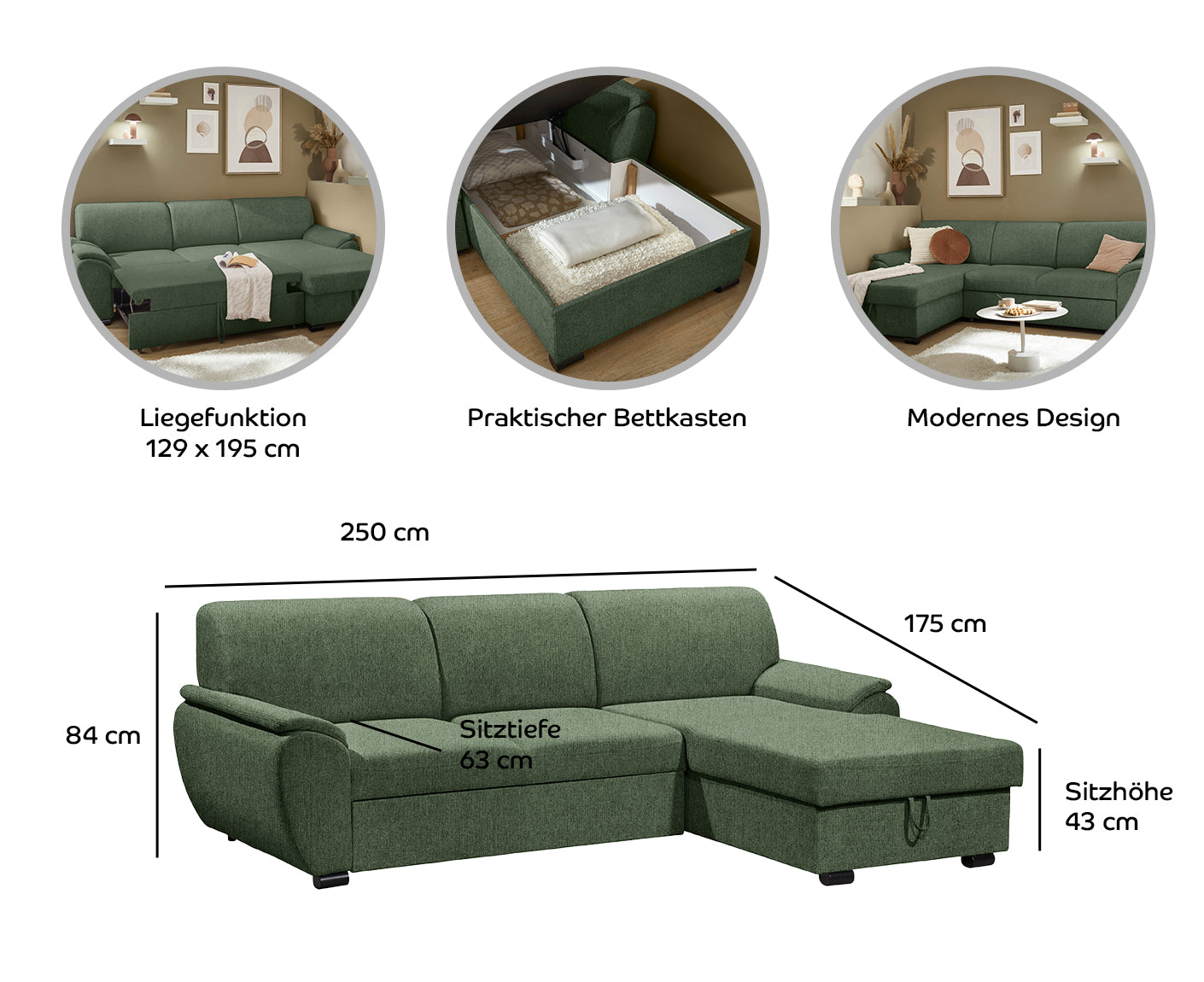Ulm Ecksofa 250 x 175 cm, mit Schlaffunktion & Bettkasten