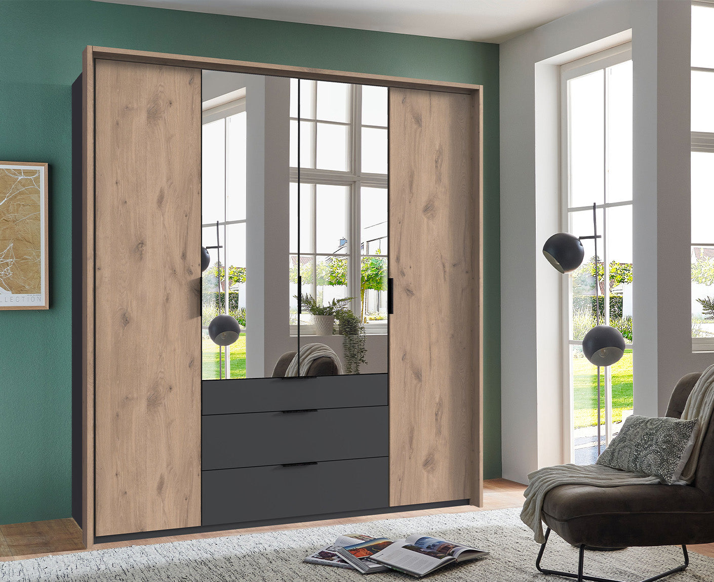 Burgos Kleiderschrank Drehtürenschrank mit Spiegel Graphit / Viking Oak (Eiche Nachbildung)