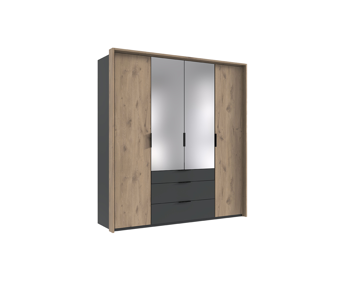 Burgos Kleiderschrank Drehtürenschrank mit Spiegel Graphit / Viking Oak (Eiche Nachbildung)