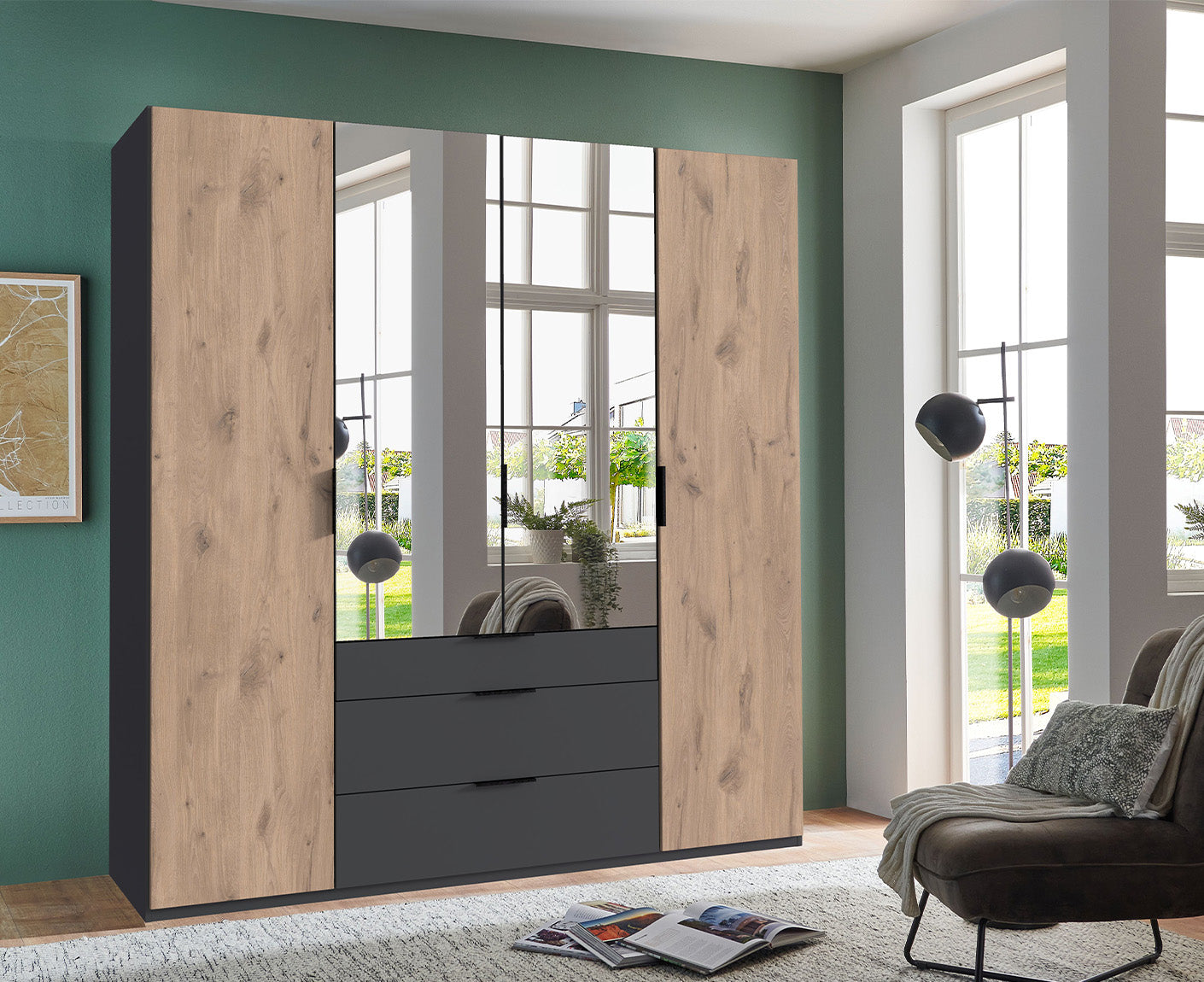 Burgos Kleiderschrank Drehtürenschrank mit Spiegel Graphit / Viking Oak (Eiche Nachbildung)