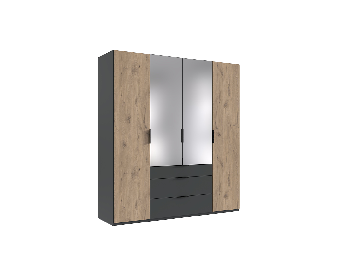 Burgos Kleiderschrank Drehtürenschrank mit Spiegel Graphit / Viking Oak (Eiche Nachbildung)