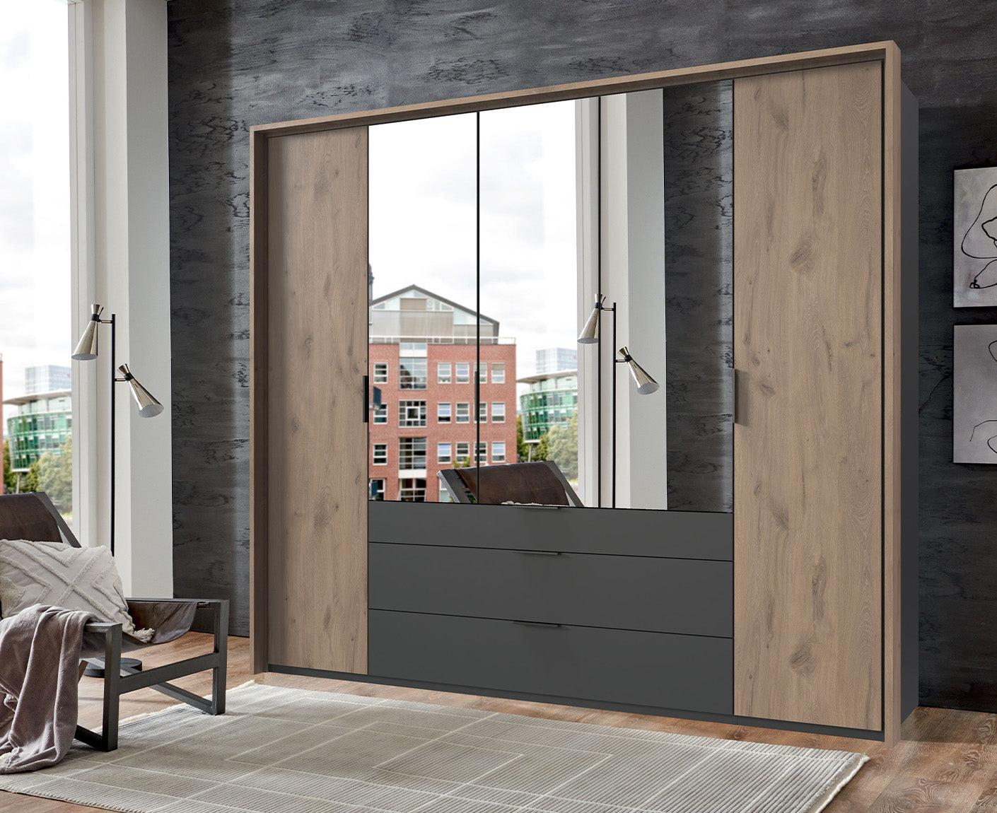 Burgos Kleiderschrank Drehtürenschrank mit Spiegel Graphit / Viking Oak (Eiche Nachbildung)