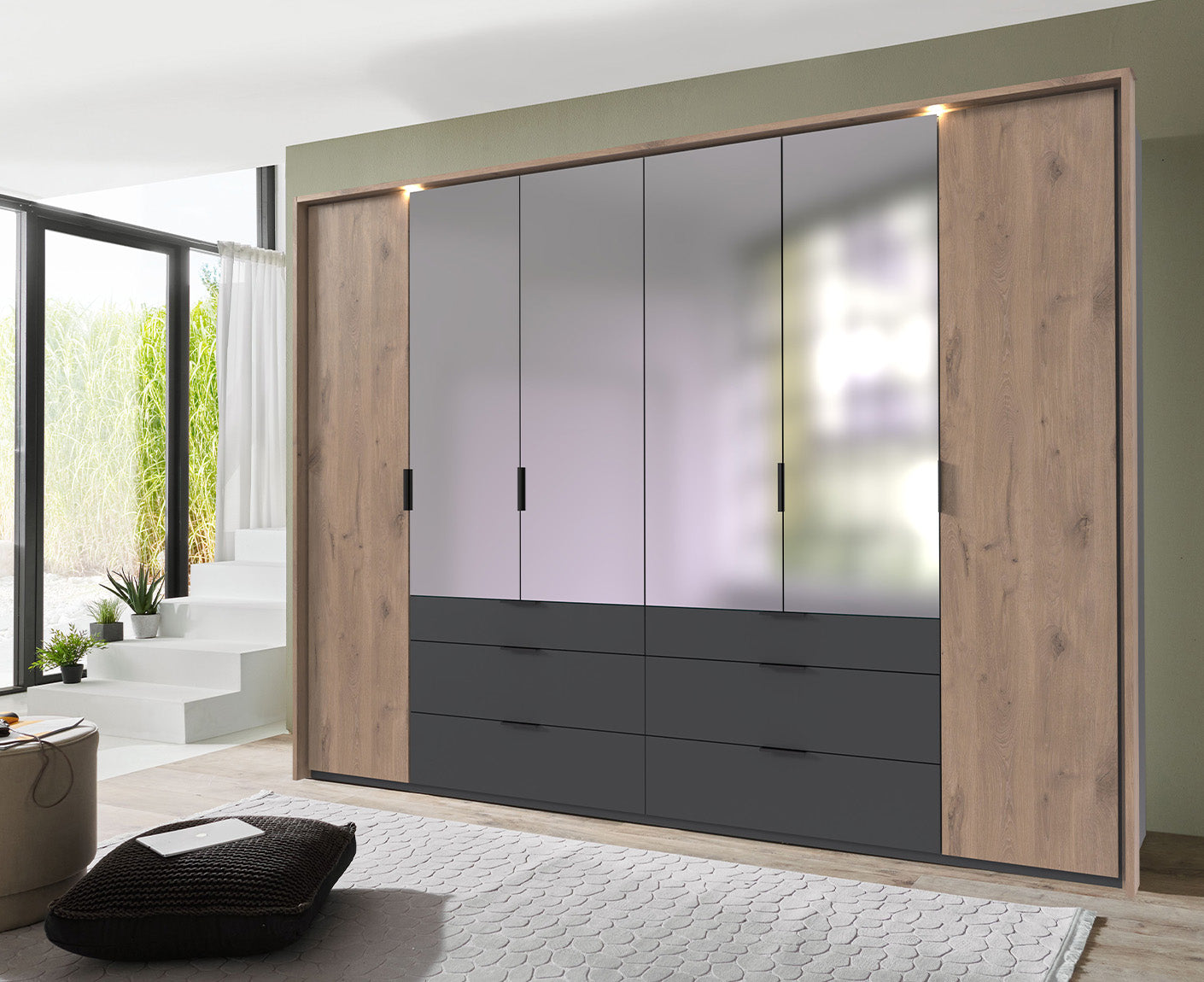 Burgos Kleiderschrank Drehtürenschrank mit Spiegel Graphit / Viking Oak (Eiche Nachbildung)