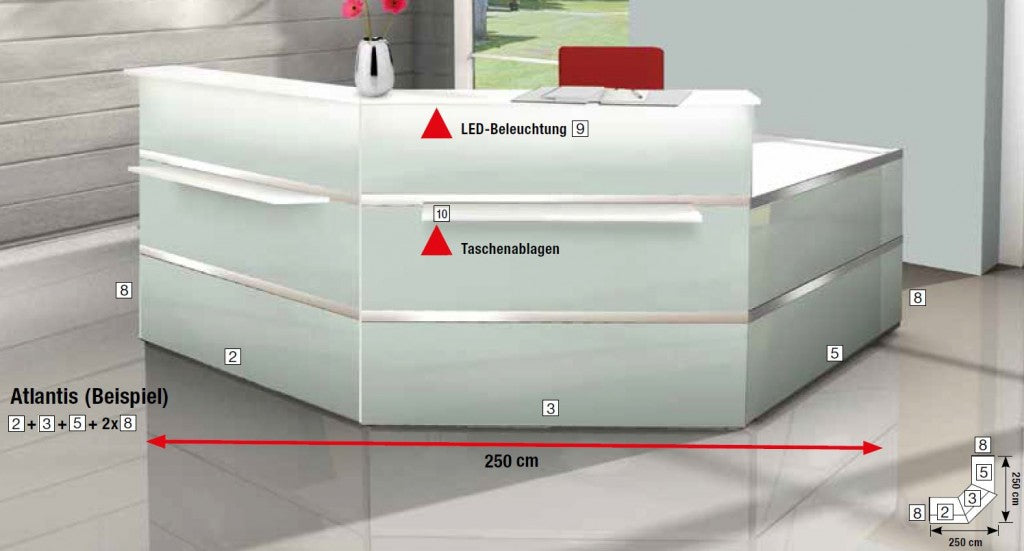 Atlantis NEW TYP5 Empfangstheke Theke Empfang Rezeption Arzttheke Glas Weiß