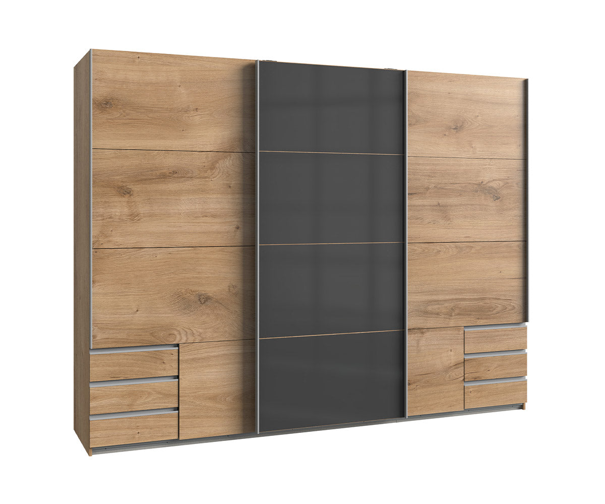 Valencia Schwebetürenschrank groß mit 6 Schubkästen Plankeneiche / Graphit