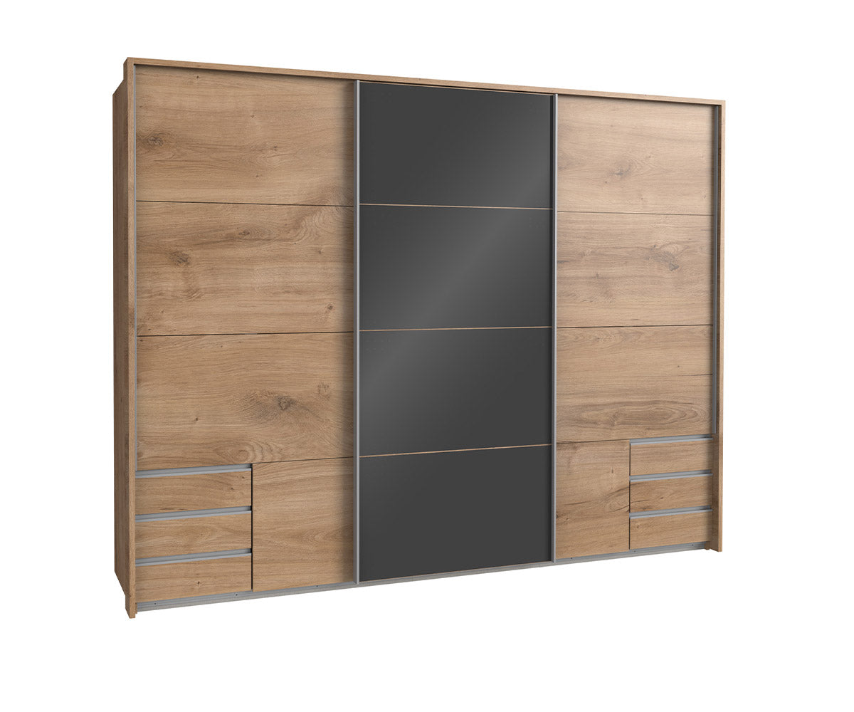 Valencia Schwebetürenschrank groß mit 6 Schubkästen Plankeneiche / Graphit