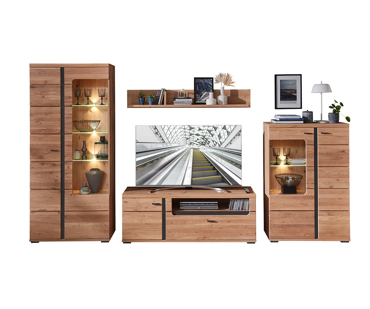 Sonos II 4-teilige Wohnwand inkl. LED-Beleuchtung Altesche Bianco Massiv / Mattschwarz